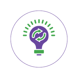 Lightbulb with arrows icon, representing knowledge exchange.