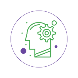 Head with a cog icon, representing skills development.