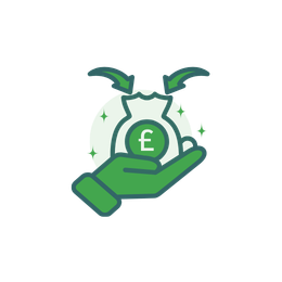 A hand holding a bag of money with a British pound symbol at the center.