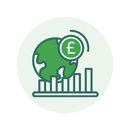 Globe icon with a British pound coin at the top right and an ascending bar chart below.