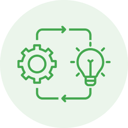 Gears and lightbulb in a cycle, representing innovation or spin-outs.