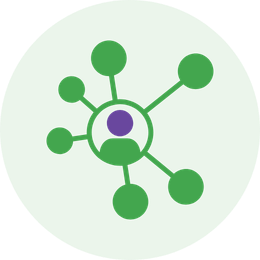 Icon of a person in a circle connected to six surrounding dots, representing a network.